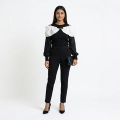 Women Cold Shoulder Top – Elegant Ribbed Knit Blouse with Pearl Detail