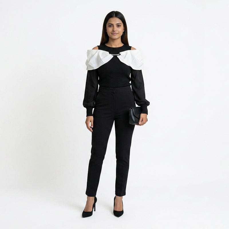 Women Cold Shoulder Top – Elegant Ribbed Knit Blouse with Pearl Detail
