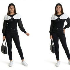 Women Cold Shoulder Top – Elegant Ribbed Knit Blouse with Pearl Detail