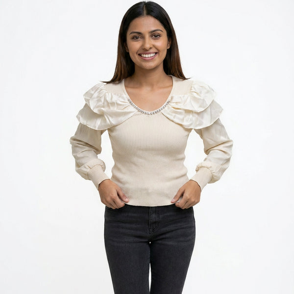 Women Cold Shoulder Top – Elegant Ribbed Knit Blouse with Pearl Detail