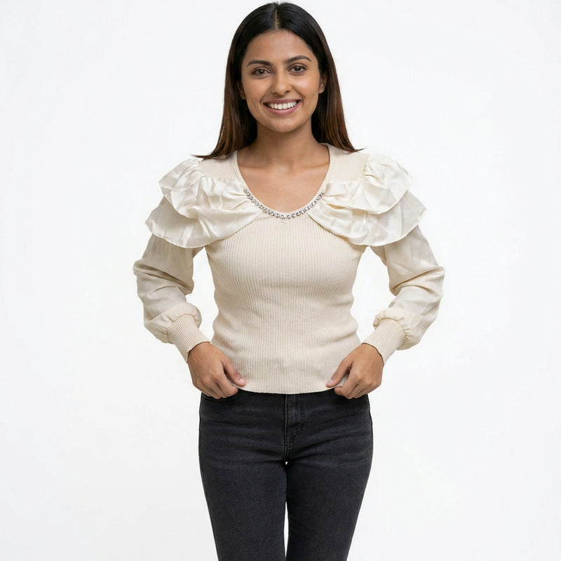 Women Cold Shoulder Top – Elegant Ribbed Knit Blouse with Pearl Detail