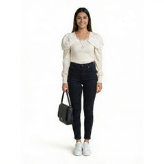 Women Cold Shoulder Top – Elegant Ribbed Knit Blouse with Pearl Detail