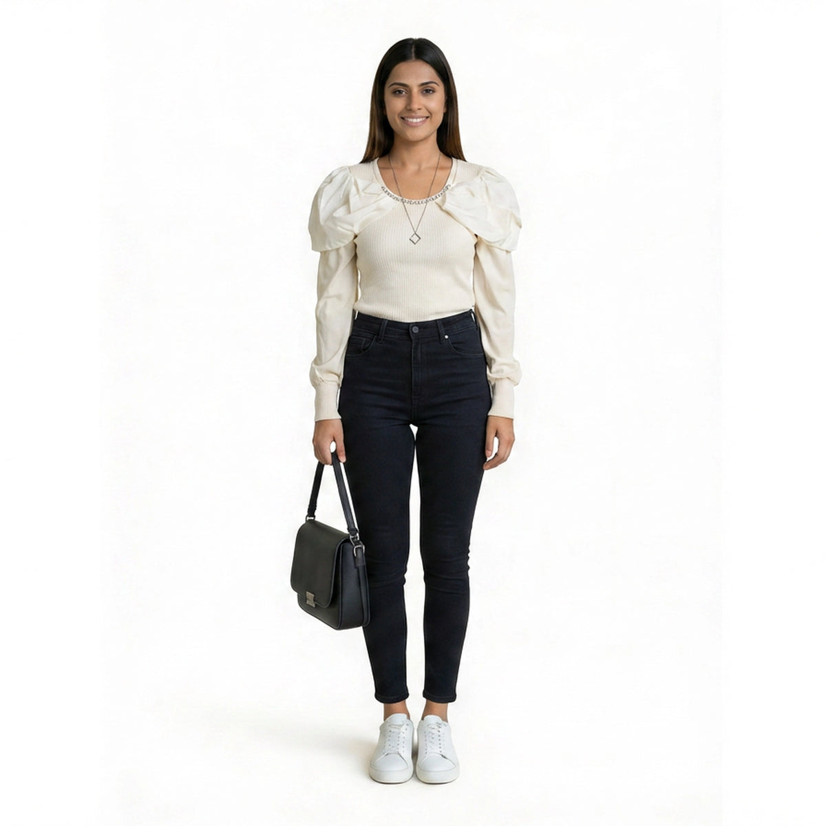 Women Cold Shoulder Top – Elegant Ribbed Knit Blouse with Pearl Detail - image 7