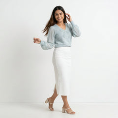 Women Bow Detail Top – Elegant Sheer Sleeve Blouse for Casual & Office Wear