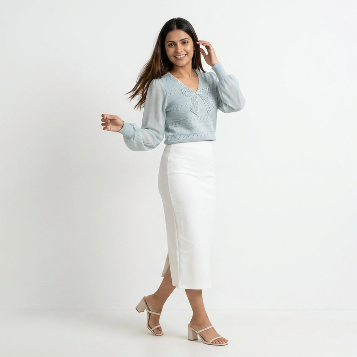 Women Bow Detail Top – Elegant Sheer Sleeve Blouse for Casual & Office Wear - image 5