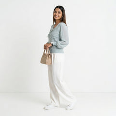 Women Bow Detail Top – Elegant Sheer Sleeve Blouse for Casual & Office Wear