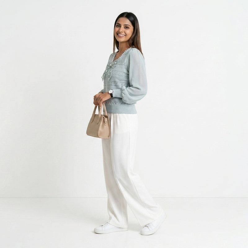 Women Bow Detail Top – Elegant Sheer Sleeve Blouse for Casual & Office Wear
