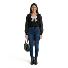 Women Bow Detail Top – Elegant Sheer Sleeve Blouse for Casual & Office Wear