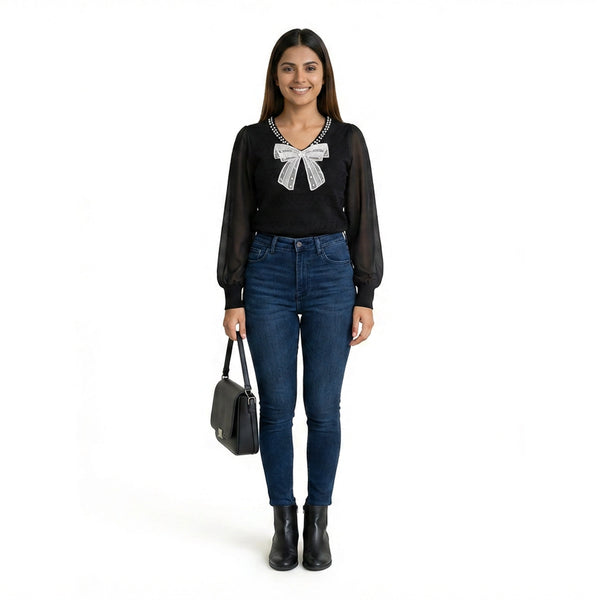 Women Bow Detail Top – Elegant Sheer Sleeve Blouse for Casual & Office Wear