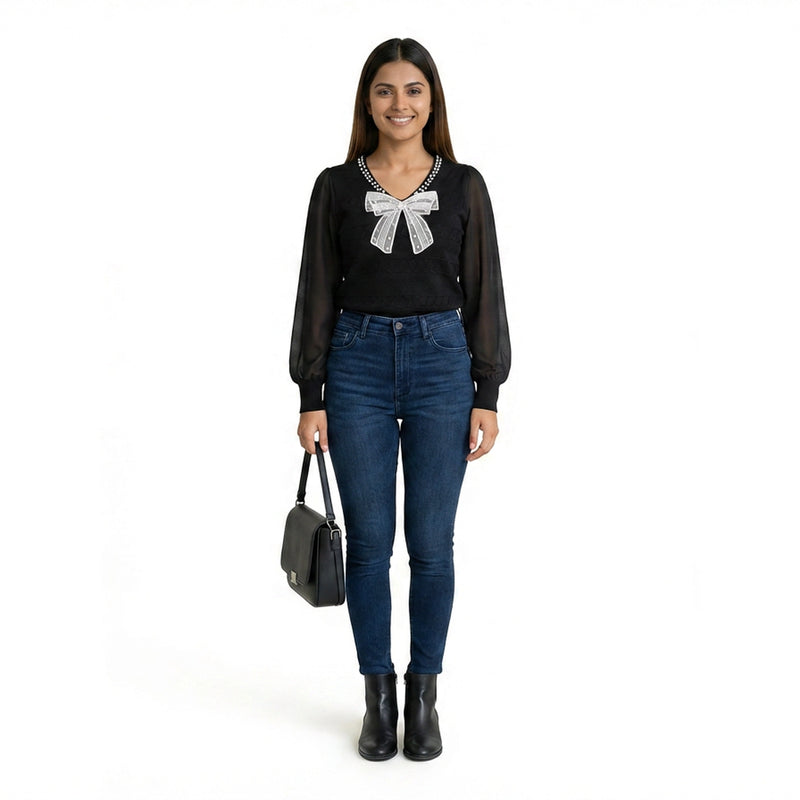 Women Bow Detail Top – Elegant Sheer Sleeve Blouse for Casual & Office Wear