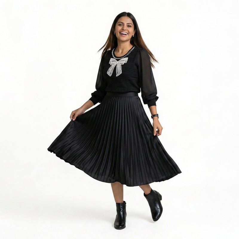 Women Bow Detail Top – Elegant Sheer Sleeve Blouse for Casual & Office Wear
