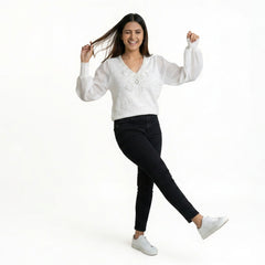 Women Bow Detail Top – Elegant Sheer Sleeve Blouse for Casual & Office Wear