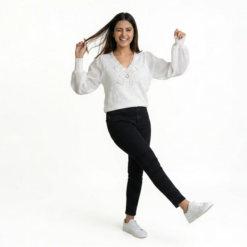 Women Bow Detail Top – Elegant Sheer Sleeve Blouse for Casual & Office Wear