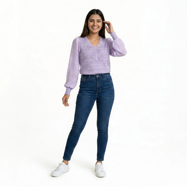 Women Bow Detail Top – Elegant Sheer Sleeve Blouse for Casual & Office Wear
