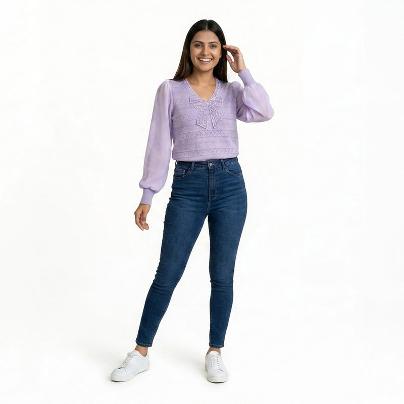 Women Bow Detail Top – Elegant Sheer Sleeve Blouse for Casual & Office Wear