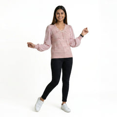 Women Bow Detail Top – Elegant Sheer Sleeve Blouse for Casual & Office Wear