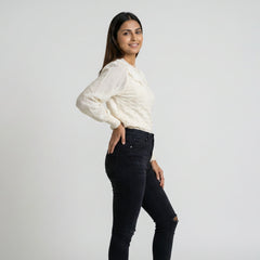 Women Knit Sweater with Lace Collar – Elegant Long Sleeve Casual & Winter Top