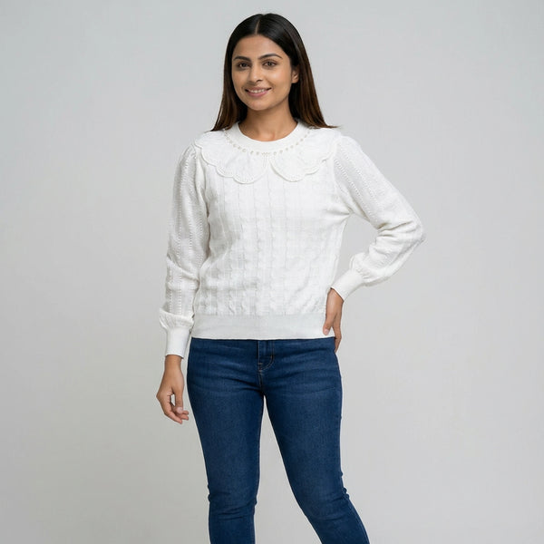 Women Knit Sweater with Lace Collar – Elegant Long Sleeve Casual & Winter Top