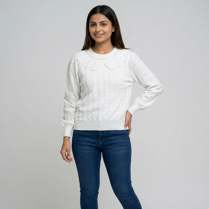 Women Knit Sweater with Lace Collar – Elegant Long Sleeve Casual & Winter Top