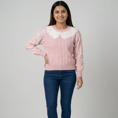 Women Knit Sweater with Lace Collar – Elegant Long Sleeve Casual & Winter Top