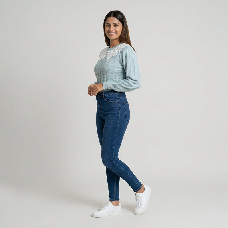 Women Knit Sweater with Lace Collar – Elegant Long Sleeve Casual & Winter Top