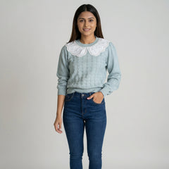Women Knit Sweater with Lace Collar – Elegant Long Sleeve Casual & Winter Top