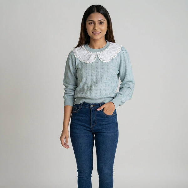 Women Knit Sweater with Lace Collar – Elegant Long Sleeve Casual & Winter Top
