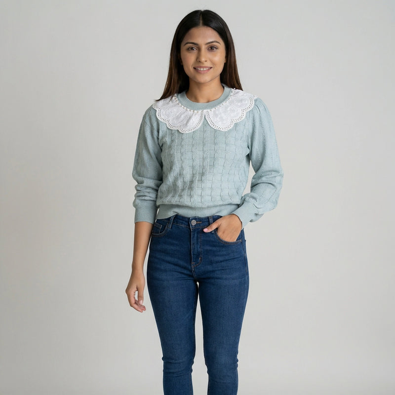 Women Knit Sweater with Lace Collar – Elegant Long Sleeve Casual & Winter Top
