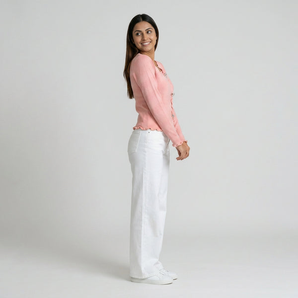 Women Ruffle Trim Top – Button Detail Long Sleeve Casual Knit Top