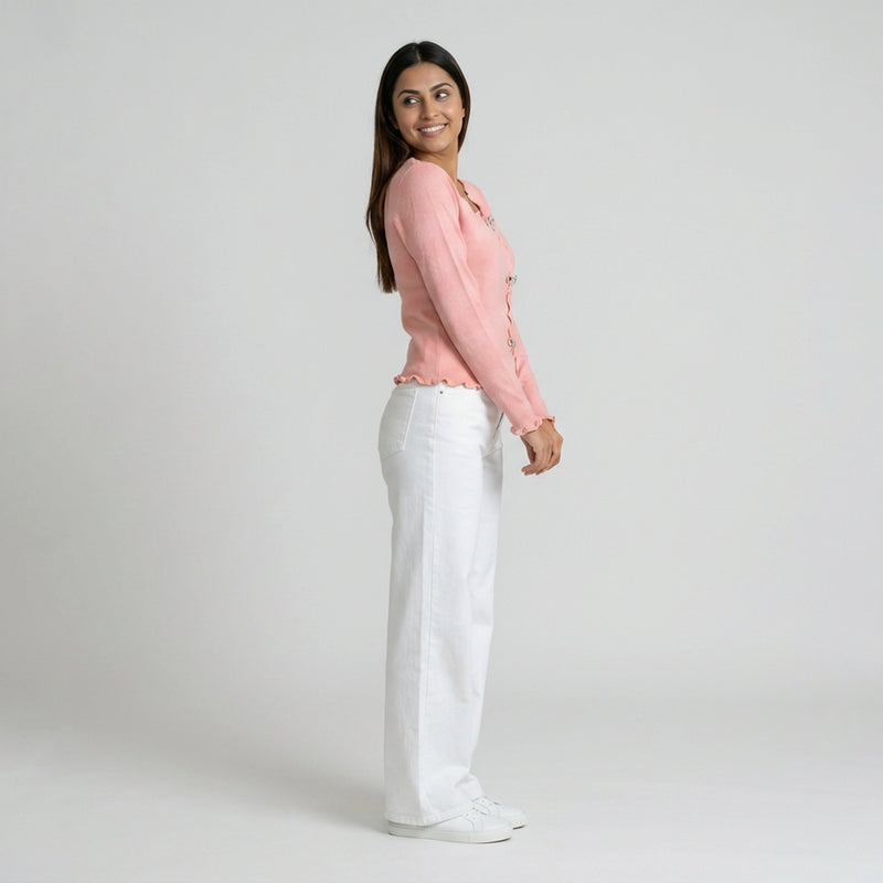 Women Ruffle Trim Top – Button Detail Long Sleeve Casual Knit Top