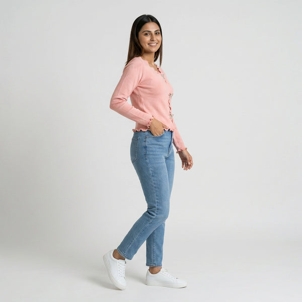 Women Ruffle Trim Top – Button Detail Long Sleeve Casual Knit Top