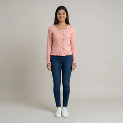 Women Ruffle Trim Top – Button Detail Long Sleeve Casual Knit Top