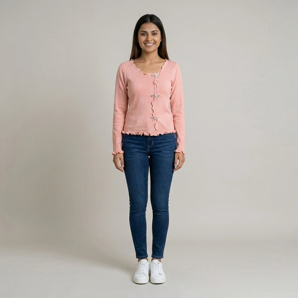 Women Ruffle Trim Top – Button Detail Long Sleeve Casual Knit Top
