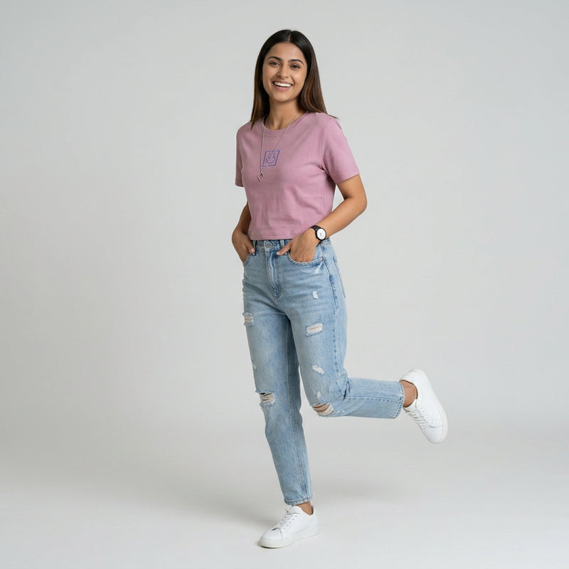 Women's Slim Fit Crop T-Shirt with Smiley Embroidery
