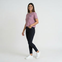 Women's Slim Fit Crop T-Shirt with Smiley Embroidery