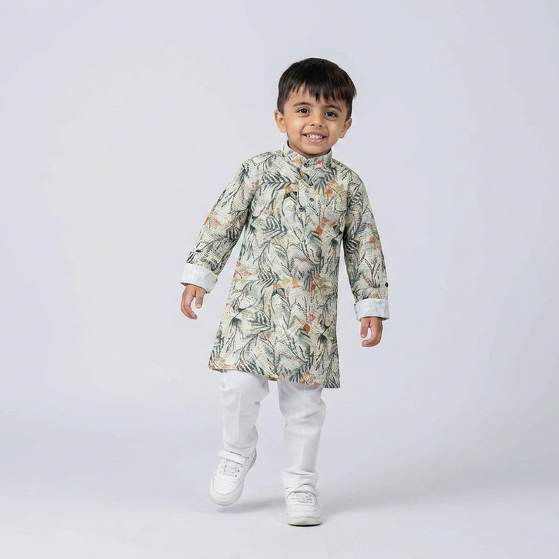 Little boy wearing printed floral kurta pajama set kids ethnic festive outfit with white pants