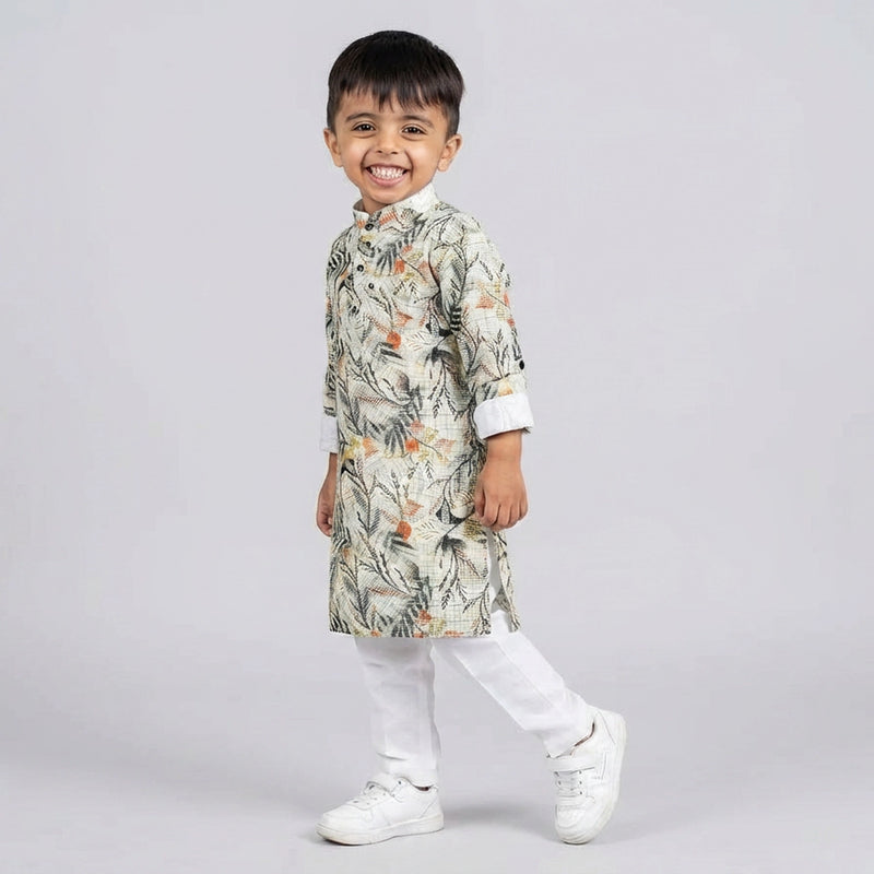 Boys Printed Kurta Pajama Set – Floral Ethnic Wear for Kids Festive & Wedding Outfit