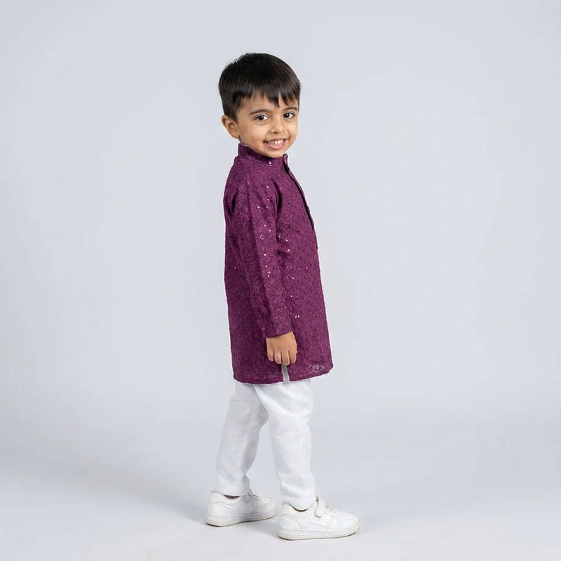 Little boy wearing purple kurta pajama set kids ethnic festive outfit with white pants