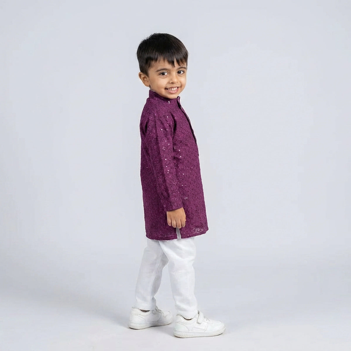 Little boy wearing purple kurta pajama set kids ethnic festive outfit with white pants