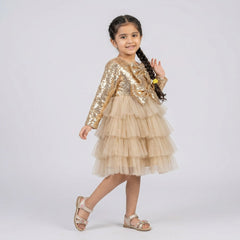 Girls Gold Sequin Party Dress – Layered Tulle Birthday & Wedding Dress for Kids