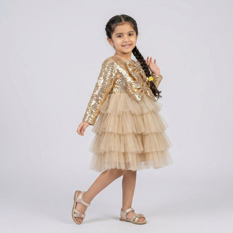 Girls Gold Sequin Party Dress – Layered Tulle Birthday & Wedding Dress for Kids