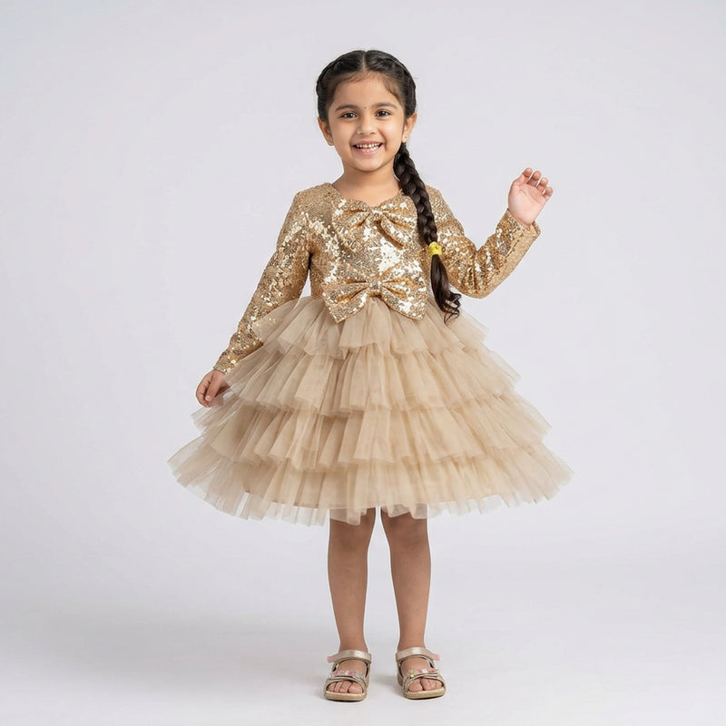 Girls Gold Sequin Party Dress – Layered Tulle Birthday & Wedding Dress for Kids