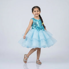 Girls Sky Blue Sequin Party Dress – Layered Tulle Princess Dress for Birthday & Wedding