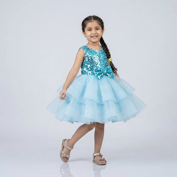 Girls Sky Blue Sequin Party Dress – Layered Tulle Princess Dress for Birthday & Wedding