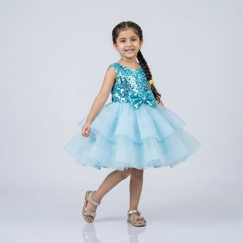 Girls Sky Blue Sequin Party Dress – Layered Tulle Princess Dress for Birthday & Wedding