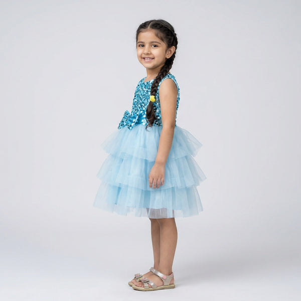 Girls Sky Blue Sequin Party Dress – Layered Tulle Princess Dress for Birthday & Wedding