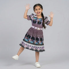 Girls Floral Printed Smocked Pleated Dress with Belt – Elegant Party Wear Dress for Kids