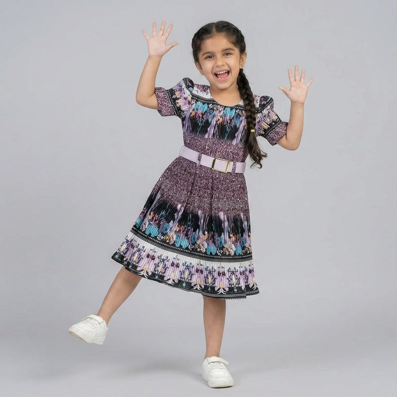 Girls Floral Printed Smocked Pleated Dress with Belt – Elegant Party Wear Dress for Kids