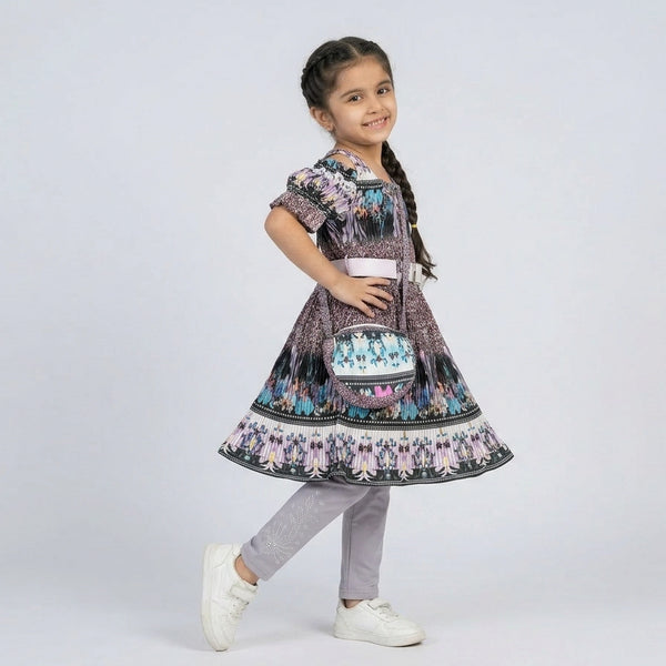 Girls Floral Printed Smocked Pleated Dress with Belt – Elegant Party Wear Dress for Kids