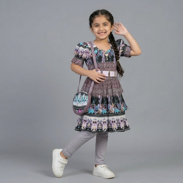 Girls Floral Printed Smocked Pleated Dress with Belt – Elegant Party Wear Dress for Kids